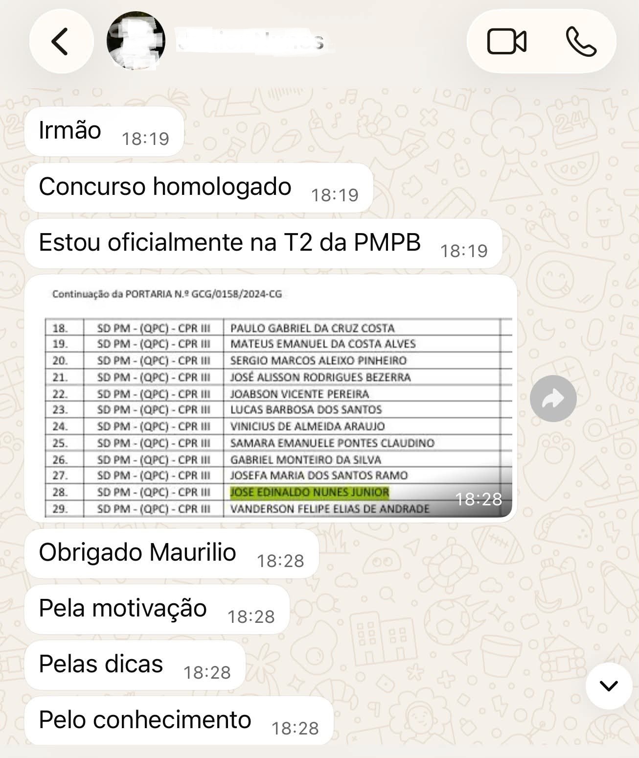 Print de WhatsApp: aluno aprovado e homologado na PMPB